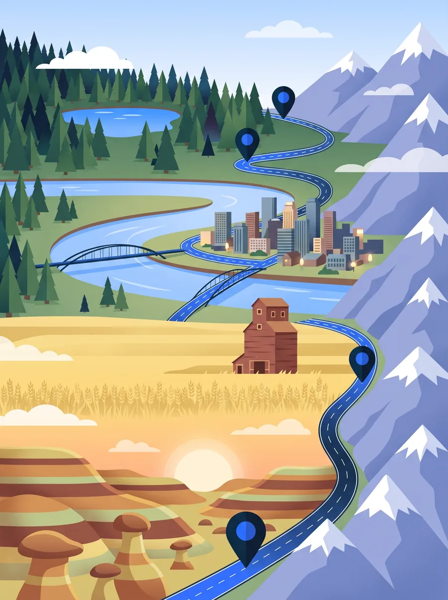 Illustration de l'Alberta en un seul paysage vertical : forêt boréale, ville dans une vallée de rivière, champs de prairie avec un silo-élévateur, badlands et Rocheuses, reliés par une route sinueuse marquée de cinq repères de carte