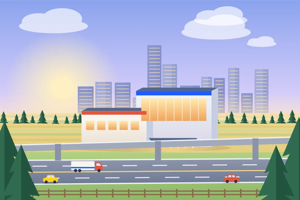 Illustration d'un casino près d'un sentier urbain et d'un viaduc, dans le sud-est de Calgary
