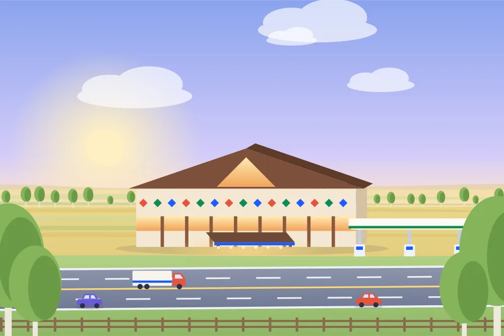Illustration d'un casino à côté d'une station-service sur une route des Prairies