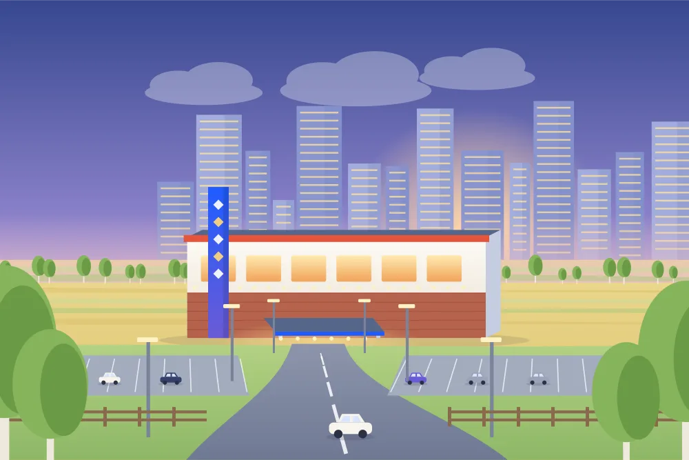 Illustration de l'entrée illuminée d'un casino au crépuscule près du centre-ville de Calgary, avec les gratte-ciel en arrière-plan