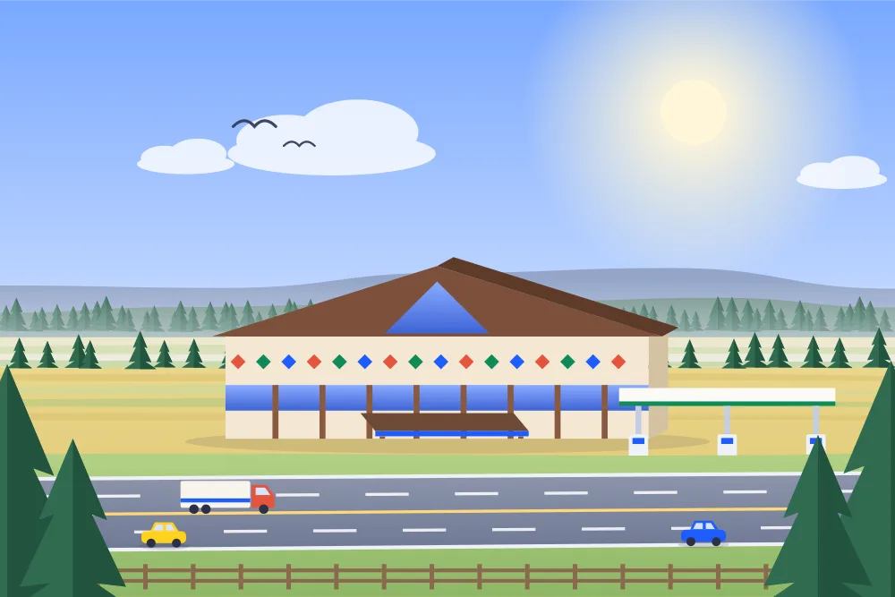 Illustration of a casino and travel plaza fuel canopy at a highway junction in forested hills