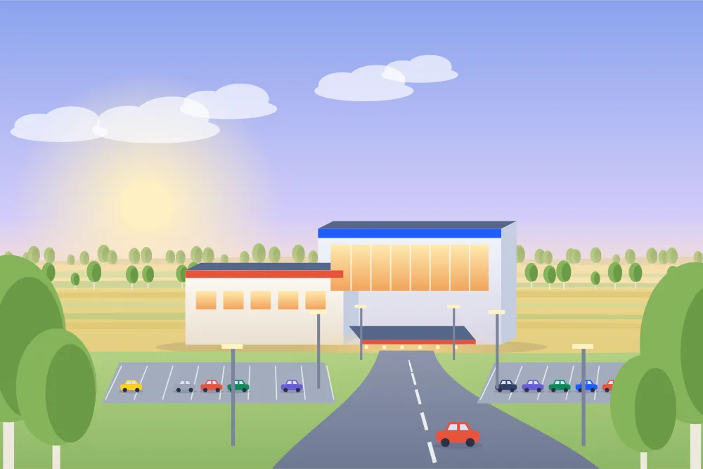 Illustration d'un casino sur une rue de Red Deer, avec la forêt-parc à trembles en arrière-plan