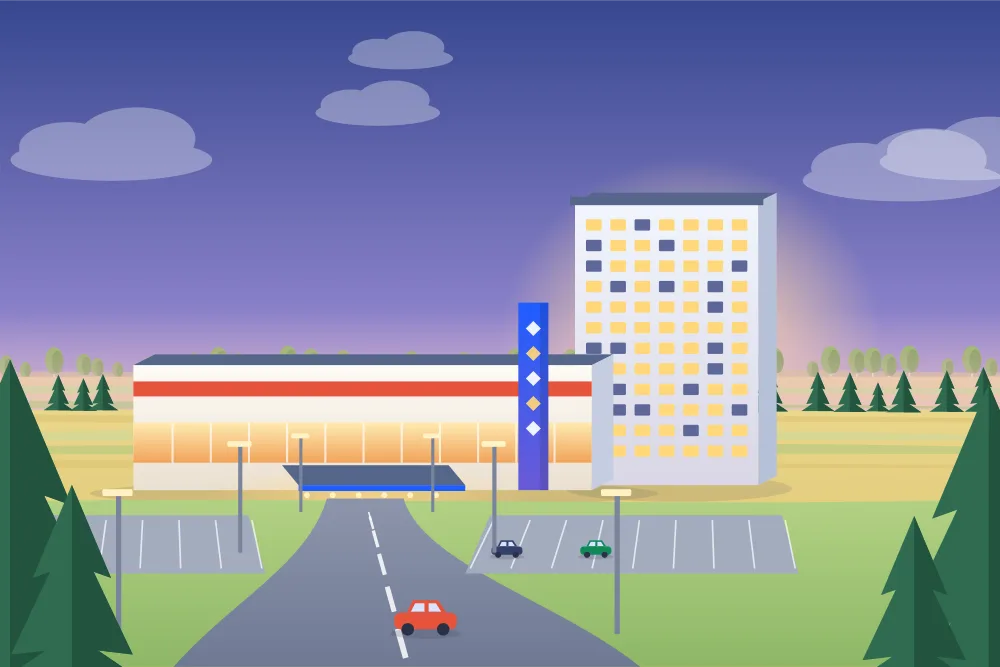 Illustration of a resort hotel and casino in Red Deer at dusk