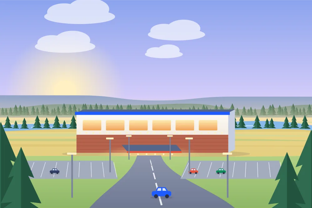 Illustration of a casino in Fort McMurray, with a river and boreal hills behind