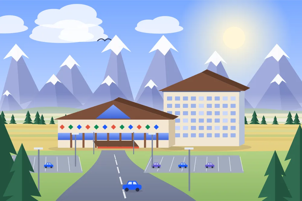 Illustration of a resort hotel and casino among spruce trees, with snowy Rocky Mountain peaks behind