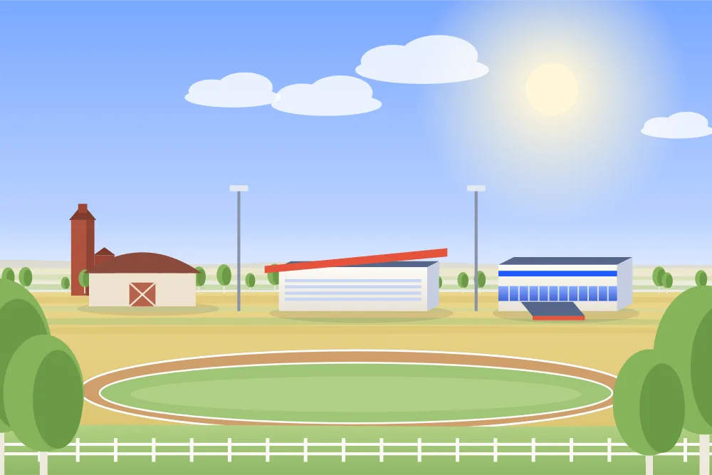 Illustration d'un petit hippodrome de courses attelées avec une tribune et un manège, au milieu de champs des Prairies